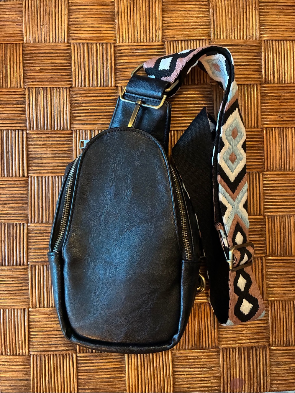 Black Crossbody Sling Bag with Patterned Strap